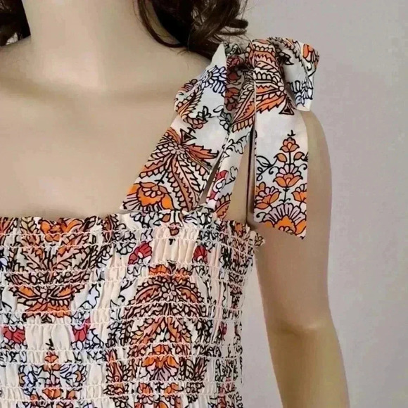 DRESS Max Studio Tie Strap Smocked Large Cream/Orange Paisley Wallpaper - Picture 5 of 7